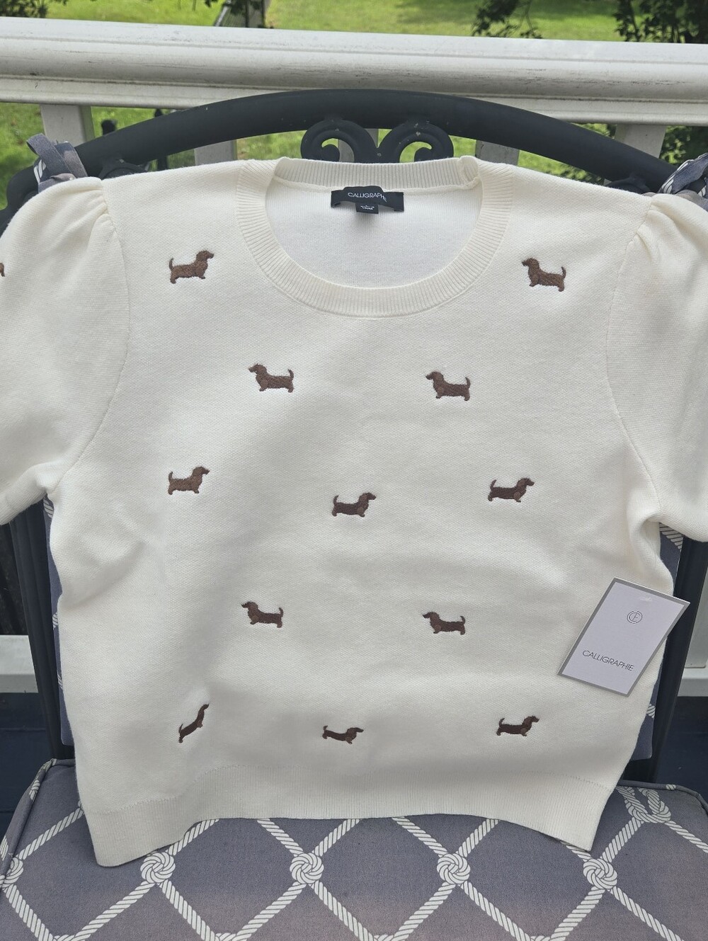 Calligraphie Dachshund Short Sleeve Sweater Cream w/ Brown Wiener Dogs Cropped L